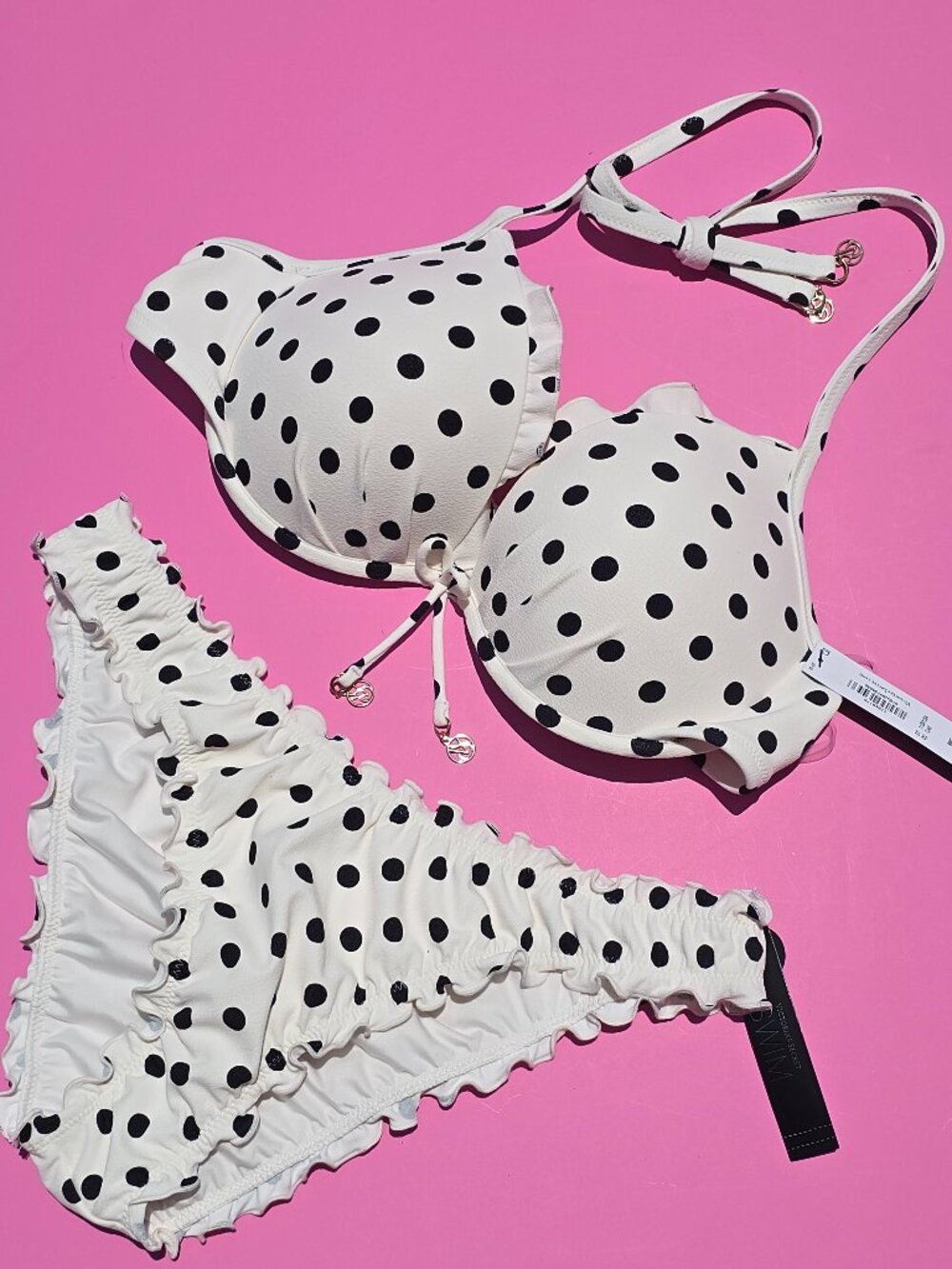 Victoria's Secret Swim Ruffle Push-Up Bikini Top Brazilian Bottom Set Dots 34D M